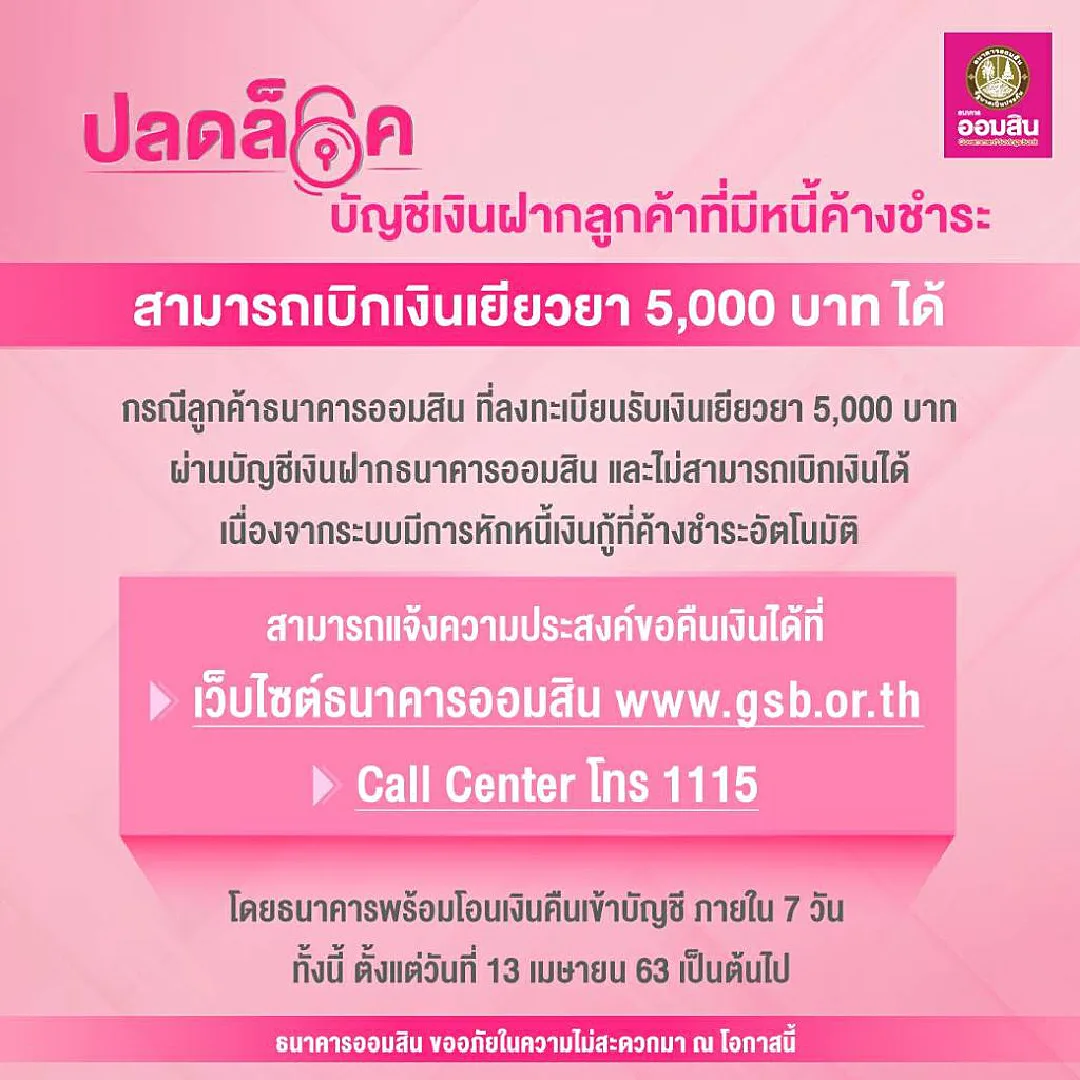 ออมสิน เร่งโอนเงินเยียวยาคืนลูกค้าที่ได้ 5,000 แล้วถูกตัดชำหนี้อัตโนมัติ