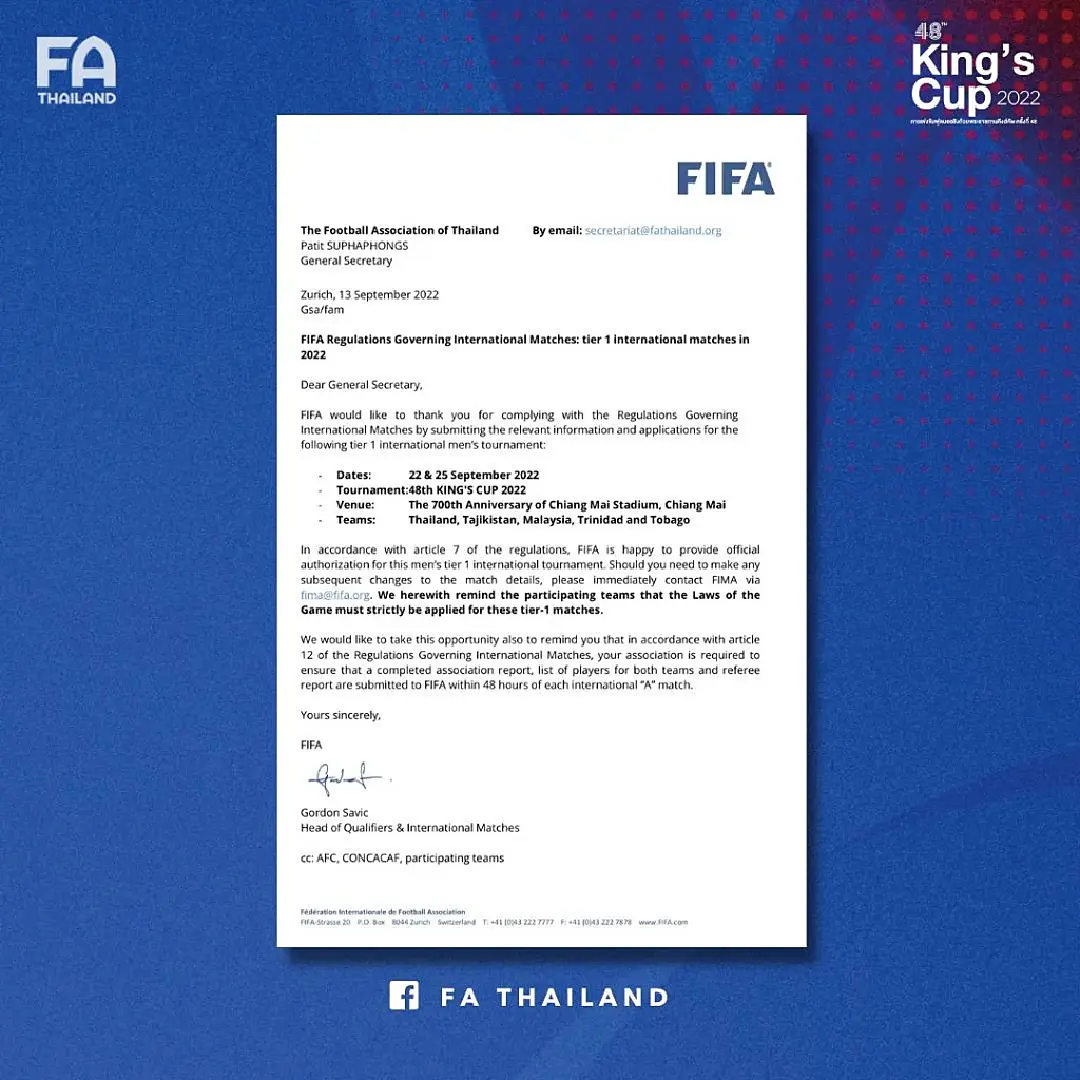 คิดคะแนนทุกเกม ! “ฟีฟ่า" ออกหนังสือรับรองศึก คิงส์ คัพ 2022 เป็น ‘A’ Match